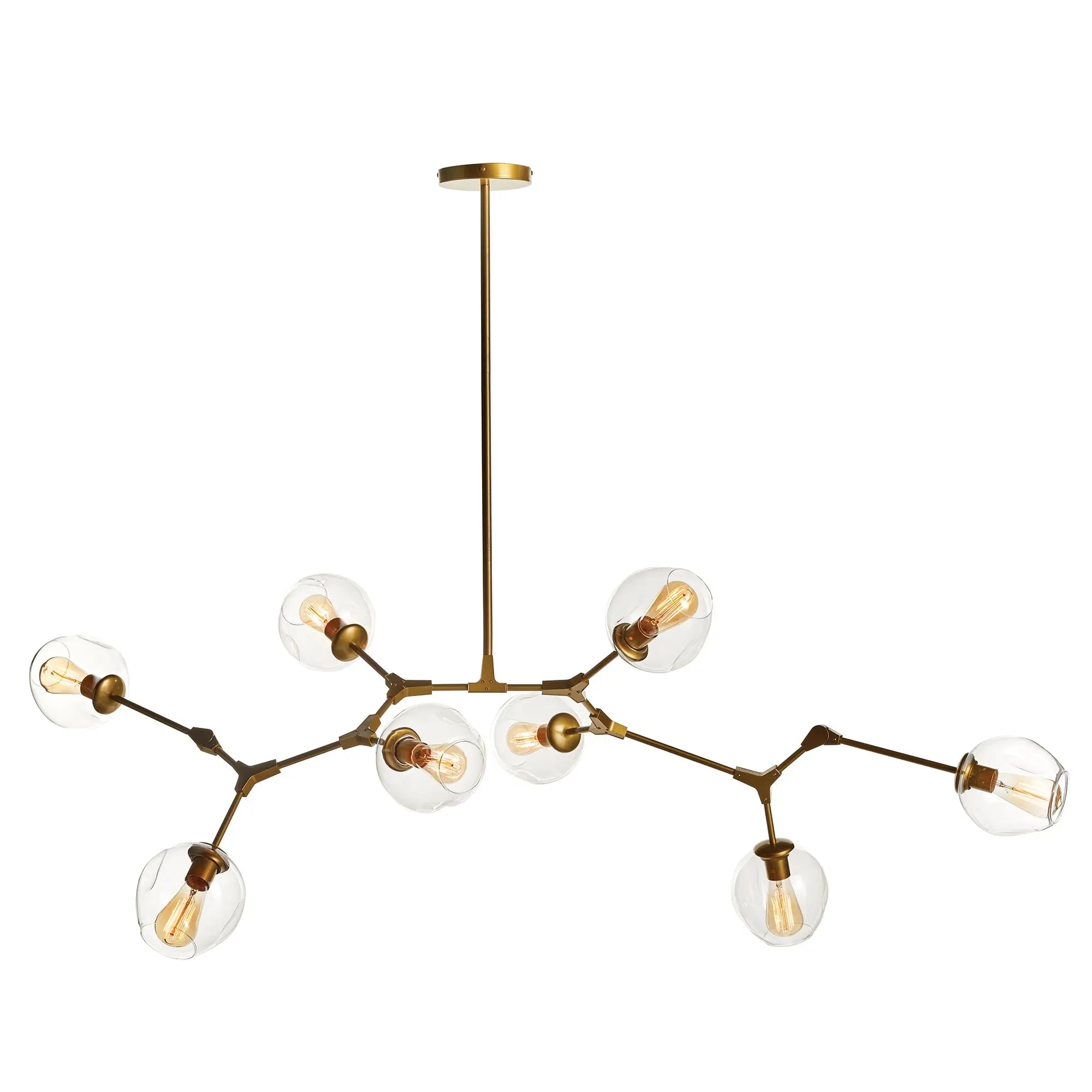 Modern Daniella globe chandelier in antique brass with adjustable arms and glass globes