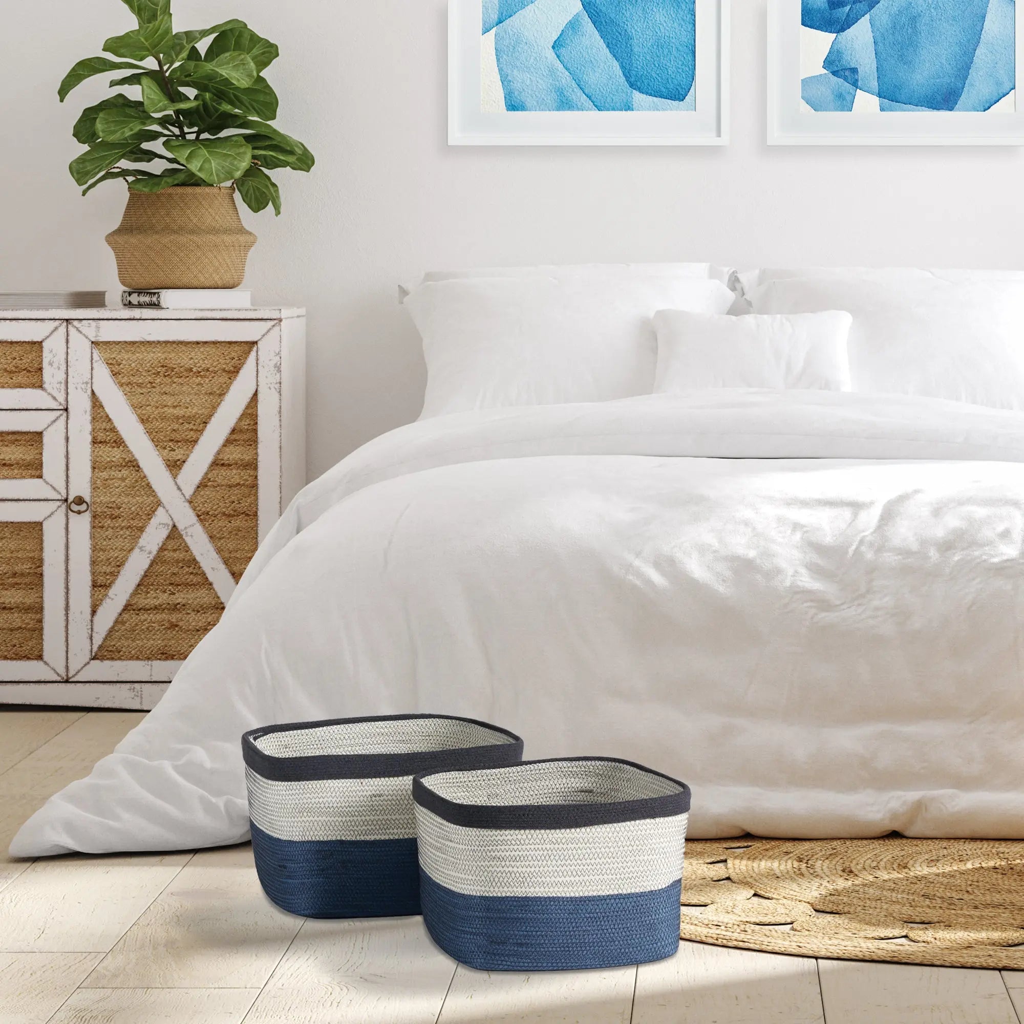 Ayden Rectangular Baskets - White & Blue, Set of 2 - Villa Decor & Design