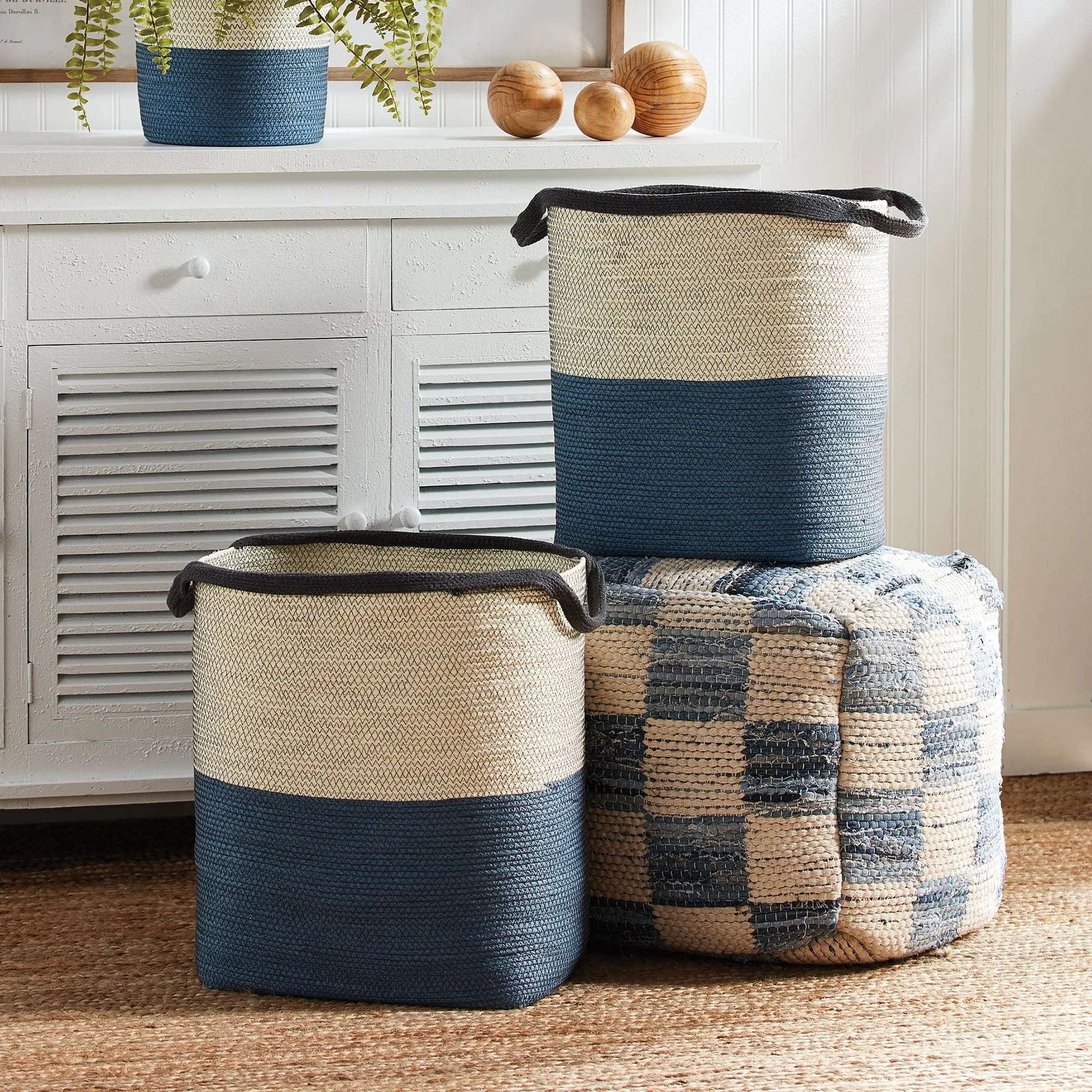 Ayden Baskets w/ Handles – White & Blue, Set of 2