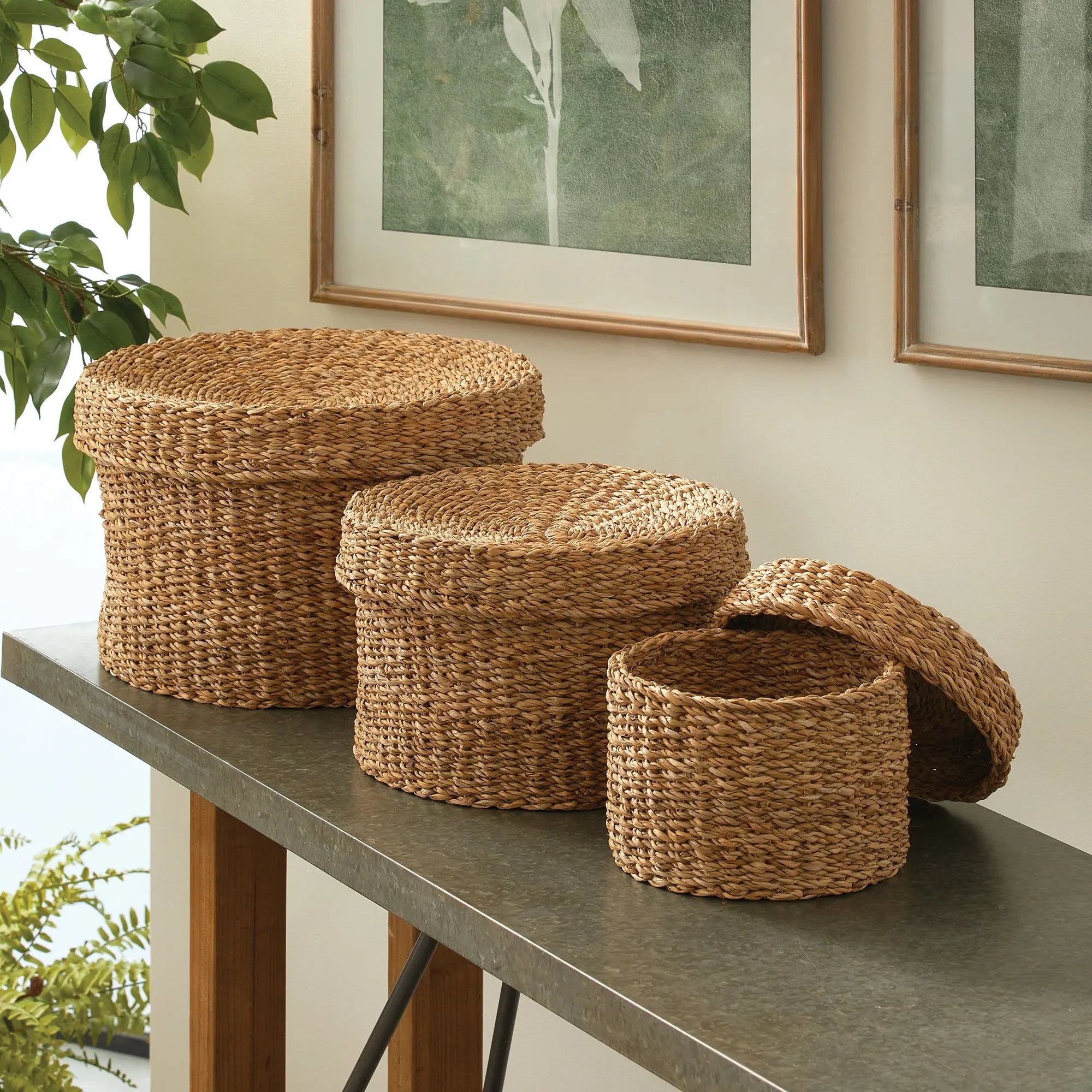 Set of three woven baskets with lids on a table with a plant and framed pictures in the background.