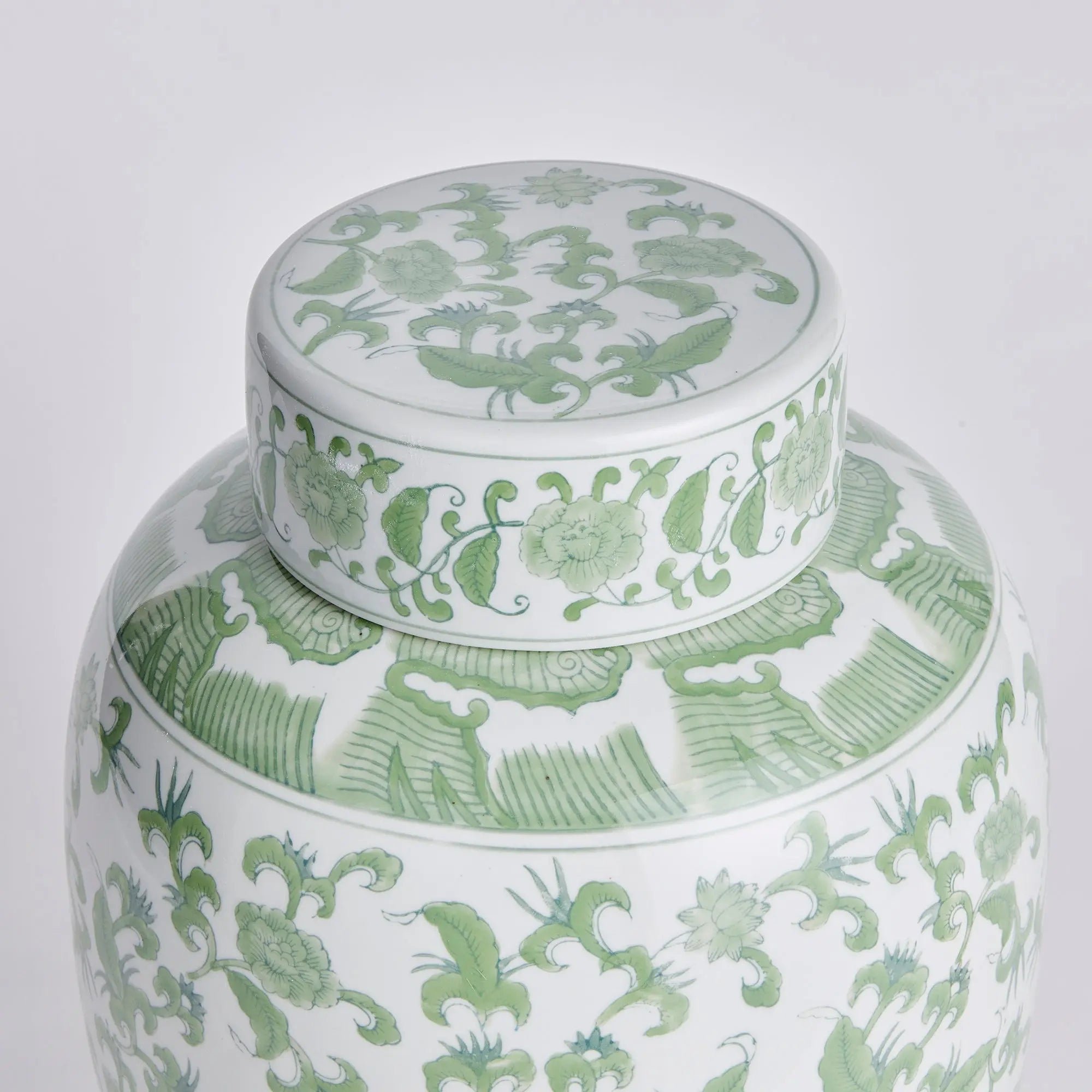 Imperial Blossom Lidded Jar - handcrafted green and white chinoiserie ceramic jar with traditional Asian-inspired patterns for home décor
