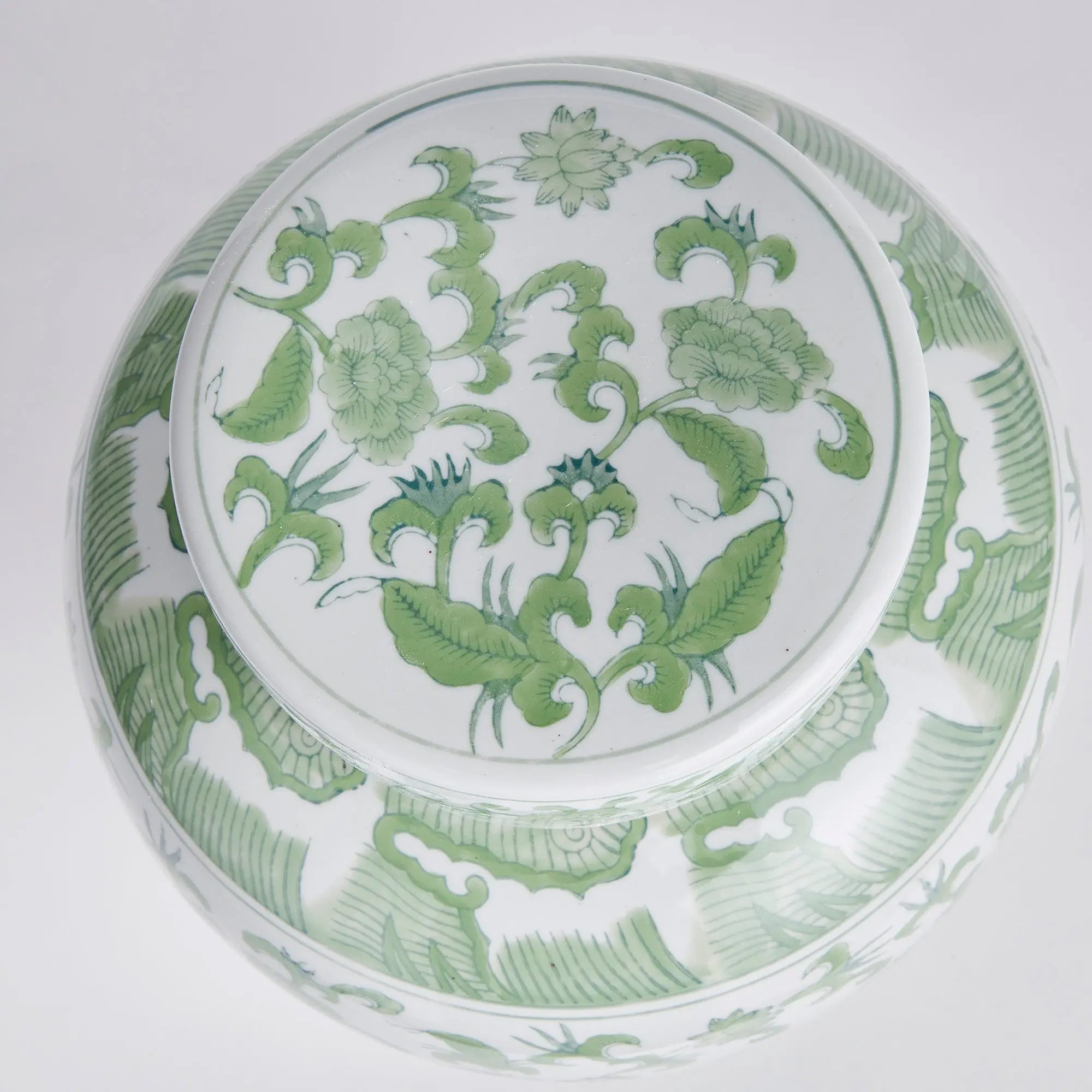 Imperial Blossom Lidded Jar - handcrafted green and white chinoiserie ceramic jar with traditional Asian-inspired patterns for home décor

