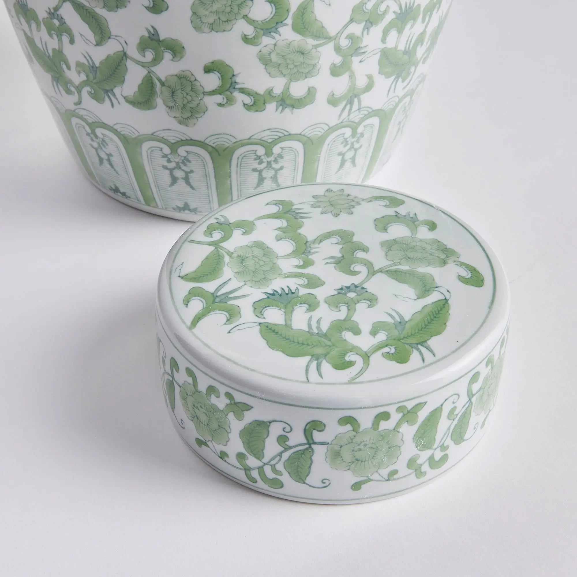Imperial Blossom Lidded Jar - handcrafted green and white chinoiserie ceramic jar with traditional Asian-inspired patterns for home décor
