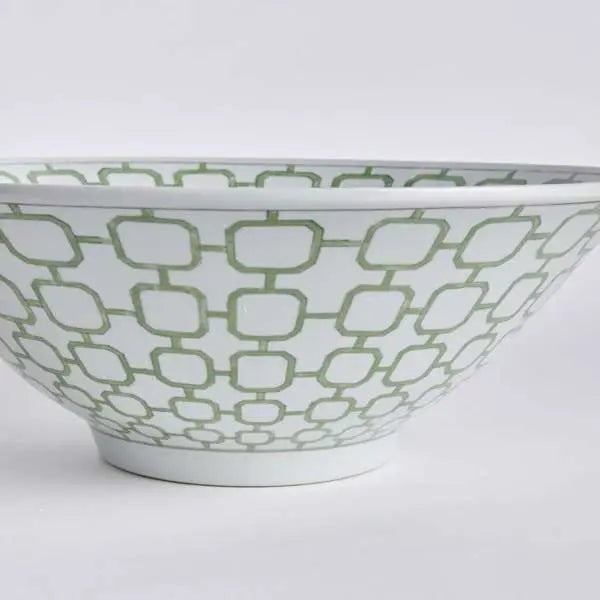Imperial Link Decorative Bowl - 16" Green & White Chinoiserie Ceramic Bowl - Villa Decor & Design