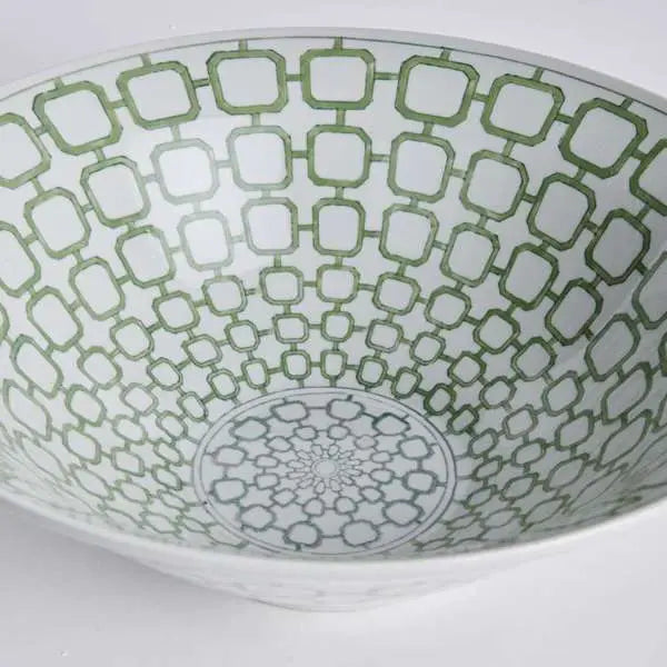 Imperial Link Decorative Bowl - 16" Green & White Chinoiserie Ceramic Bowl - Villa Decor & Design