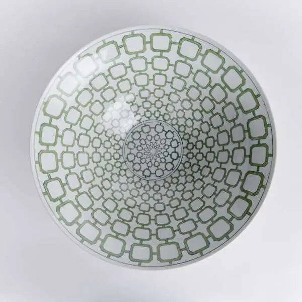 Imperial Link Decorative Bowl - 16" Green & White Chinoiserie Ceramic Bowl - Villa Decor & Design