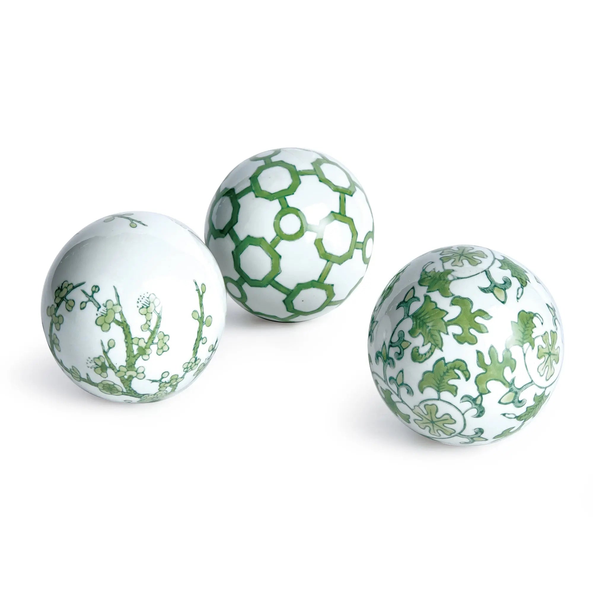 Imperial Orbs Set of 3 - handcrafted green and white chinoiserie ceramic spheres with coordinating patterns for elegant home décor