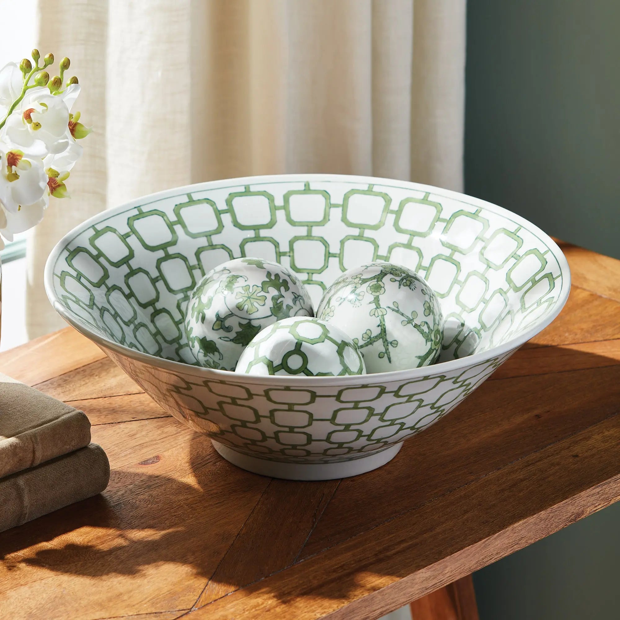 Imperial Orbs Set of 3 - handcrafted green and white chinoiserie ceramic spheres with coordinating patterns for elegant home décor