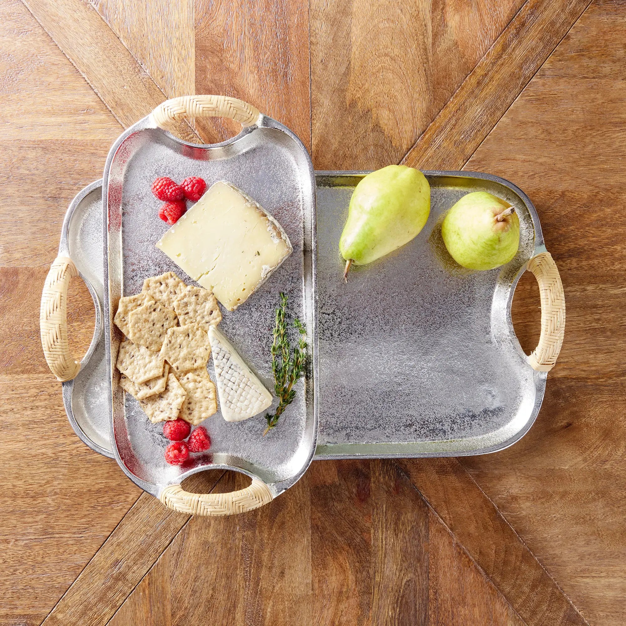 Helena Silver Decorative Trays - Set of 2 Aluminum & Rattan Rectangle Trays Napa Home & Garden