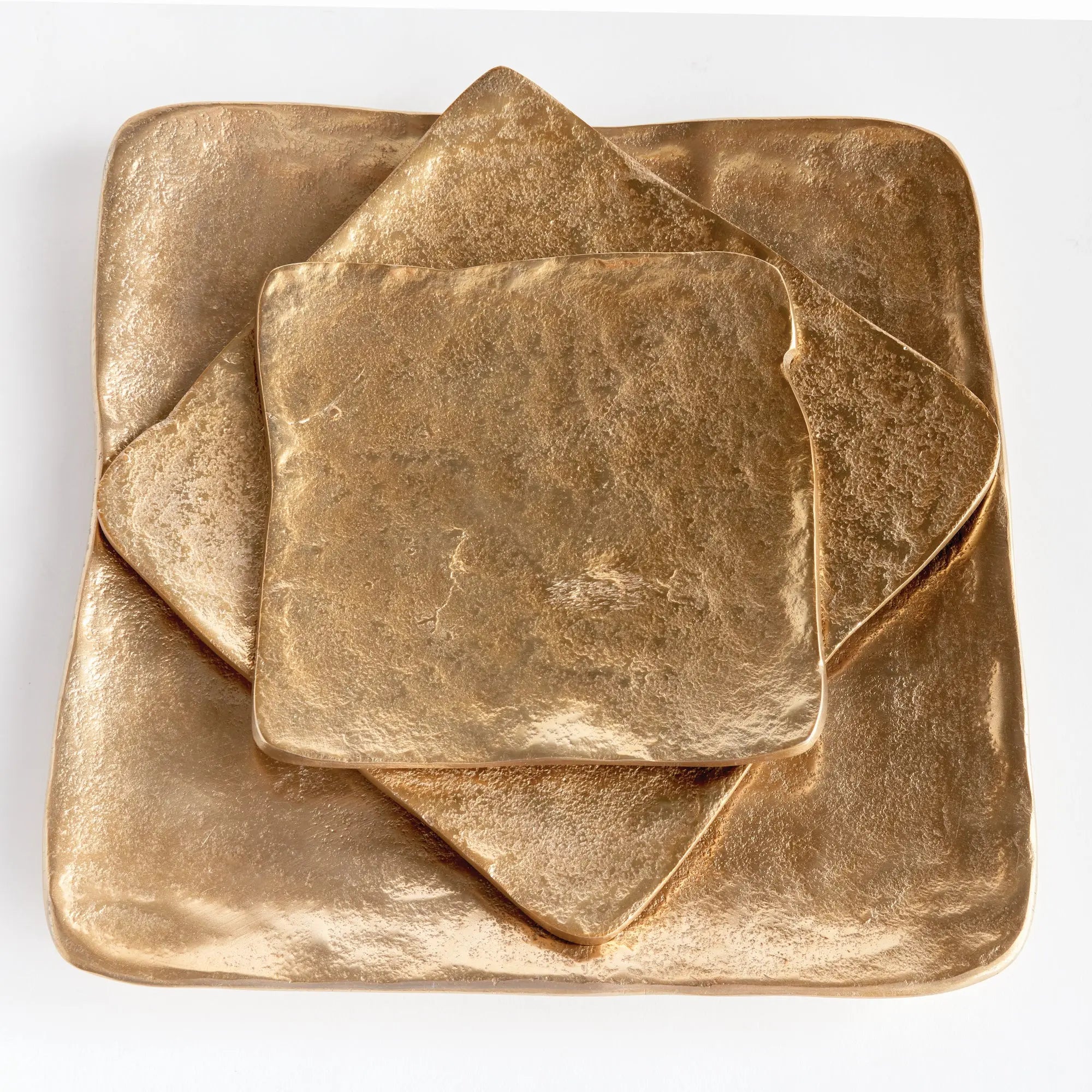Imani Decorative Trays - modern gold cast aluminum trays with rounded edges, available in rectangular set of 2 or square set of 3