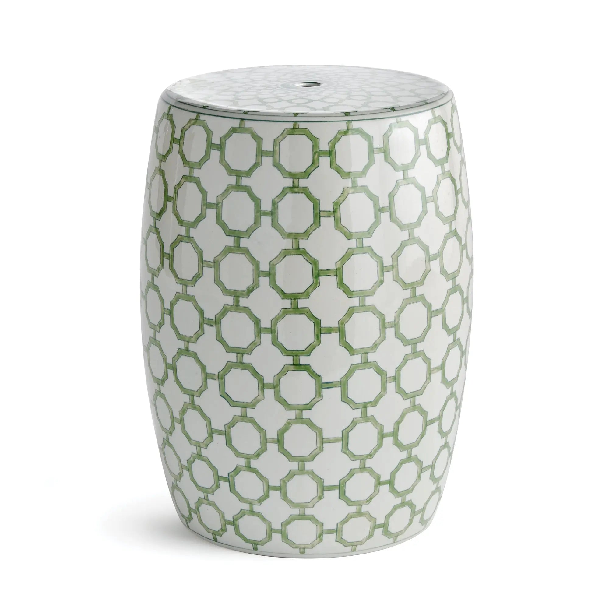 Imperial Link Stool - green and white chinoiserie ceramic garden stool with distinctive link pattern for versatile seating and accent table use