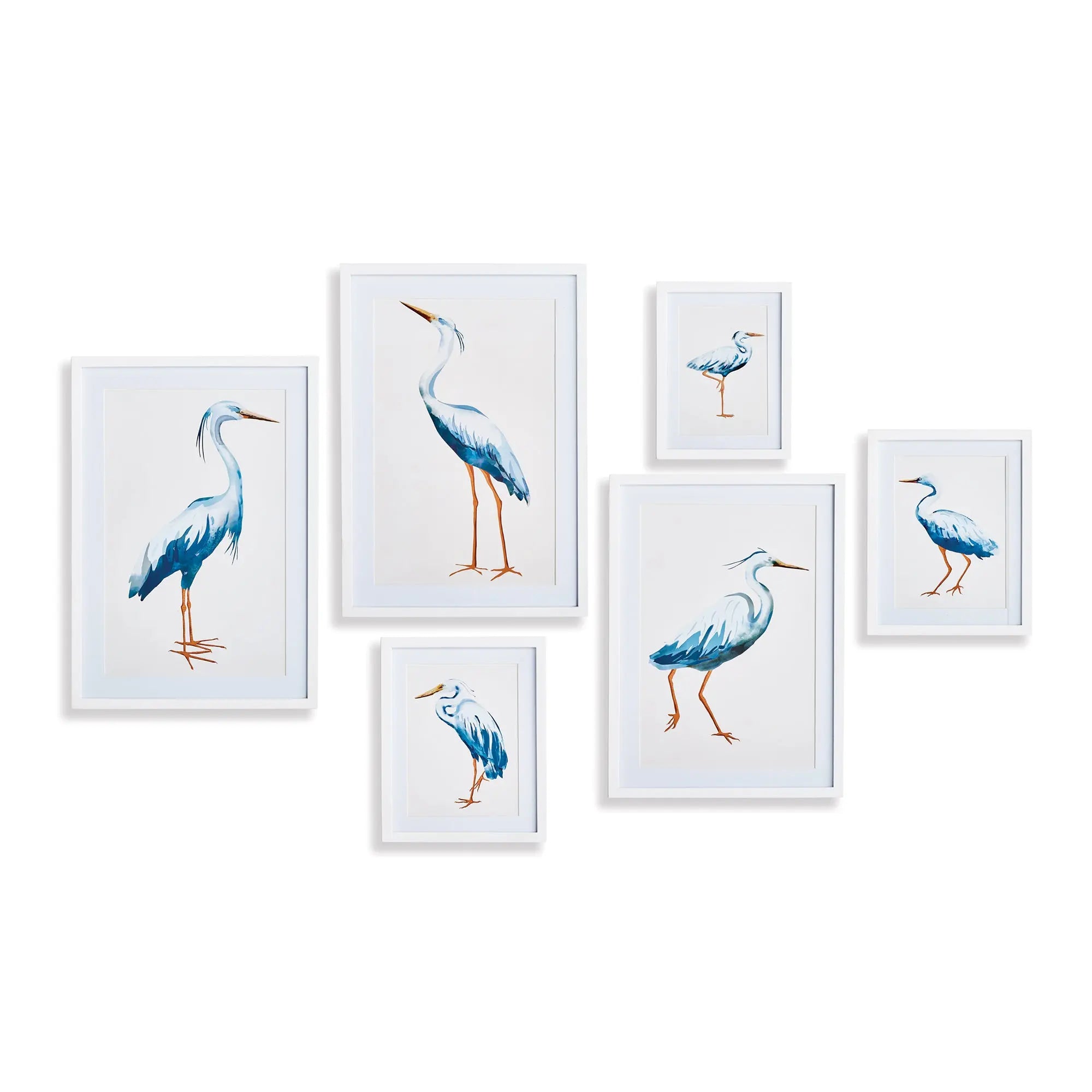 A coordinated 6-piece gallery wall set featuring various artistic prints of blue herons in white matted fir wood frames, arranged in a professional salon-style layout.