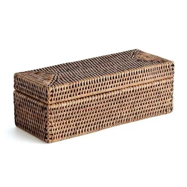 Burma Rattan 3-Compartment Lidded Organizer Box, a rectangular rattan box with a hinged lid and three interior sections, shown in a warm brown finish.