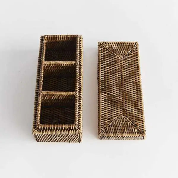 Burma Rattan 3-Compartment Lidded Organizer Box, a rectangular rattan box with a hinged lid and three interior sections, shown in a warm brown finish.