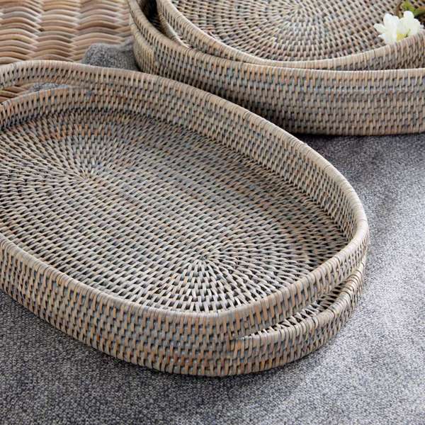 Burma Rattan Oval Serving Trays - Set of 3 Tight-Weave Baskets (3 Finishes) - Villa Decor & Design