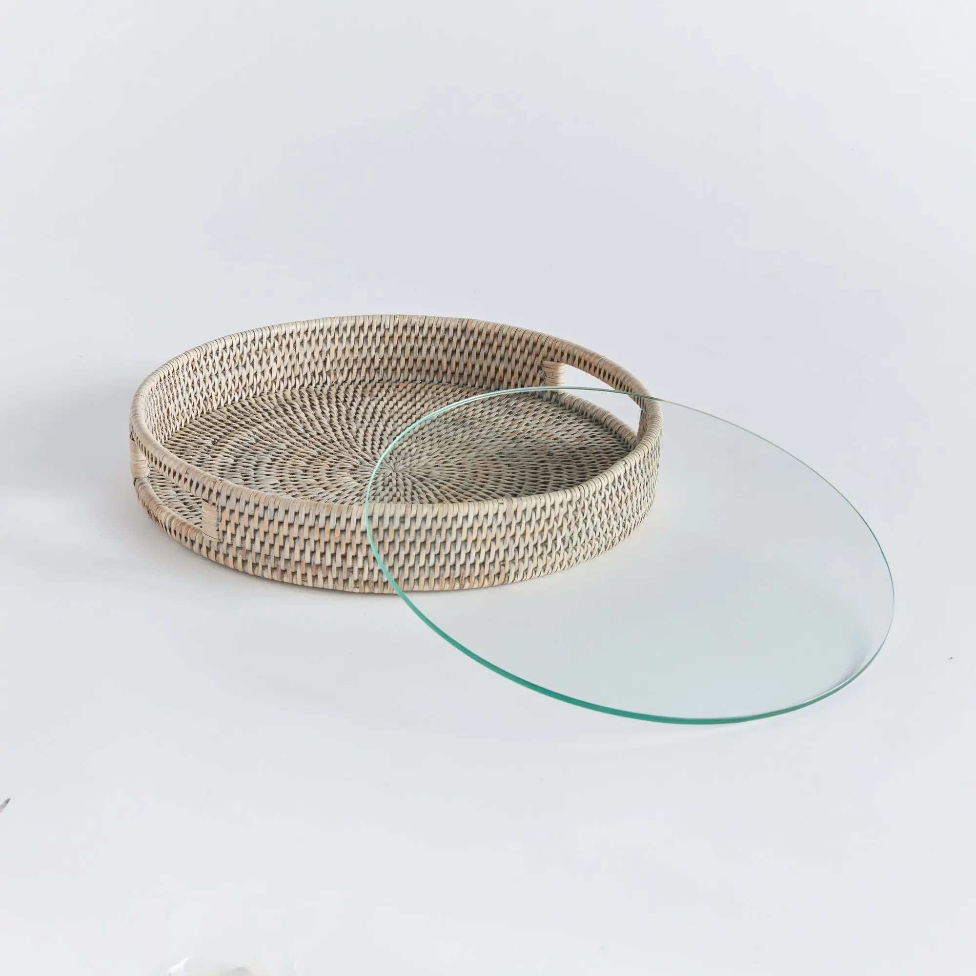 Handwoven Rattan Serving Tray with Glass Insert - Graywash - MEDIUM