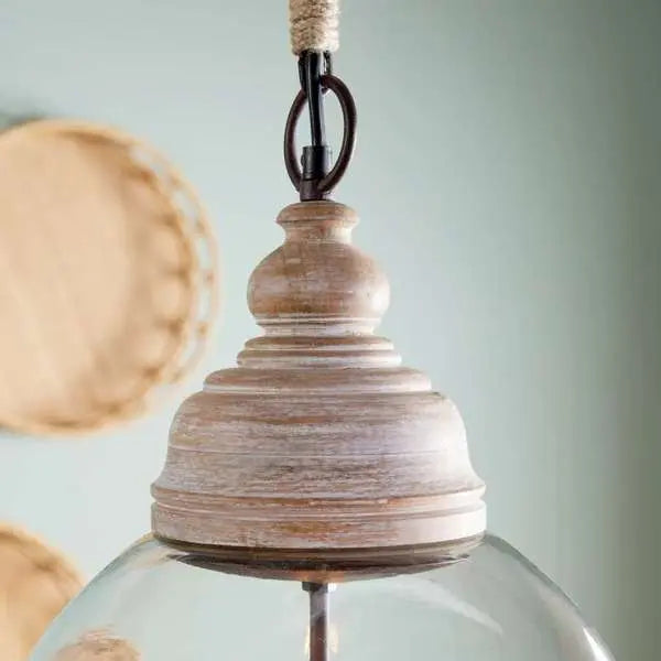 Vintner's Cloche Pendant - Whitewashed Wood & Glass Coastal Light - Villa Decor & Design