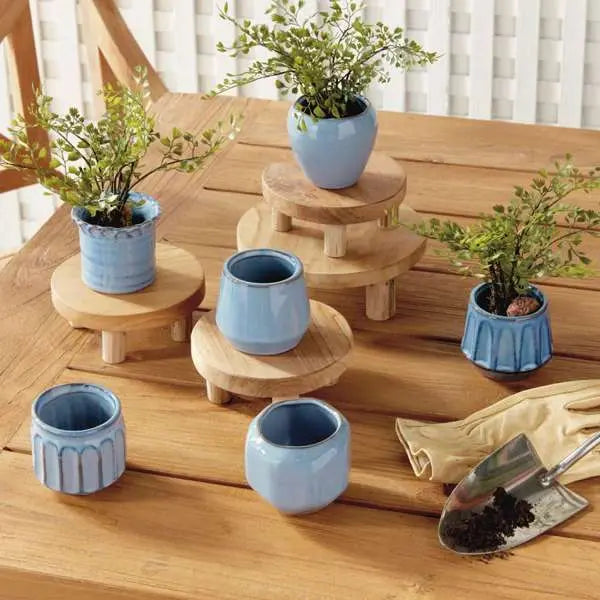 Dezie Mini Pots - Set of 6 Reactive Glaze Stoneware (Cream, Green, or Blue) - Villa Decor & Design