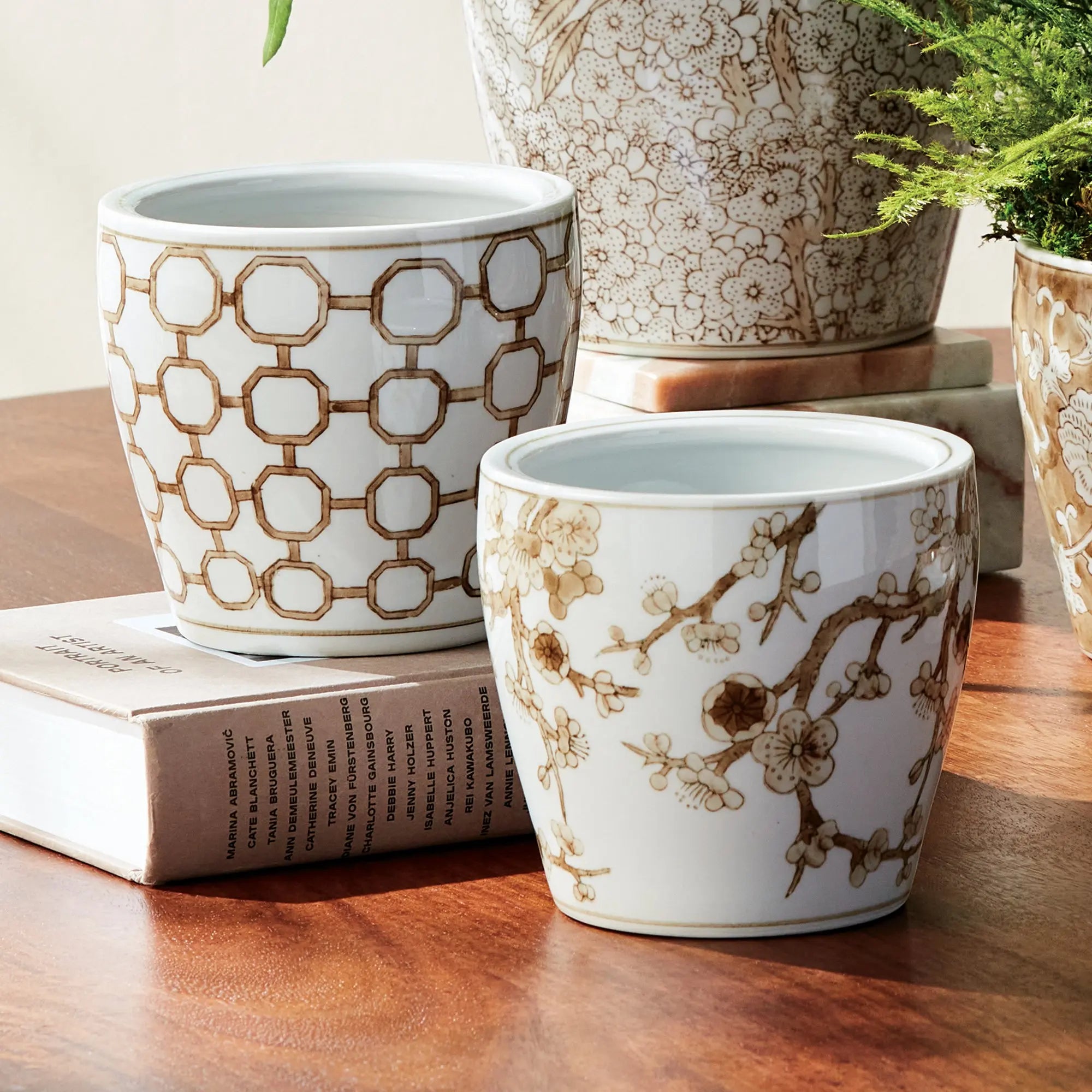 Province Mini Flower Pots – Set of 6 Taupe & White Chinoiserie Ceramic Pots - Villa Decor & Design