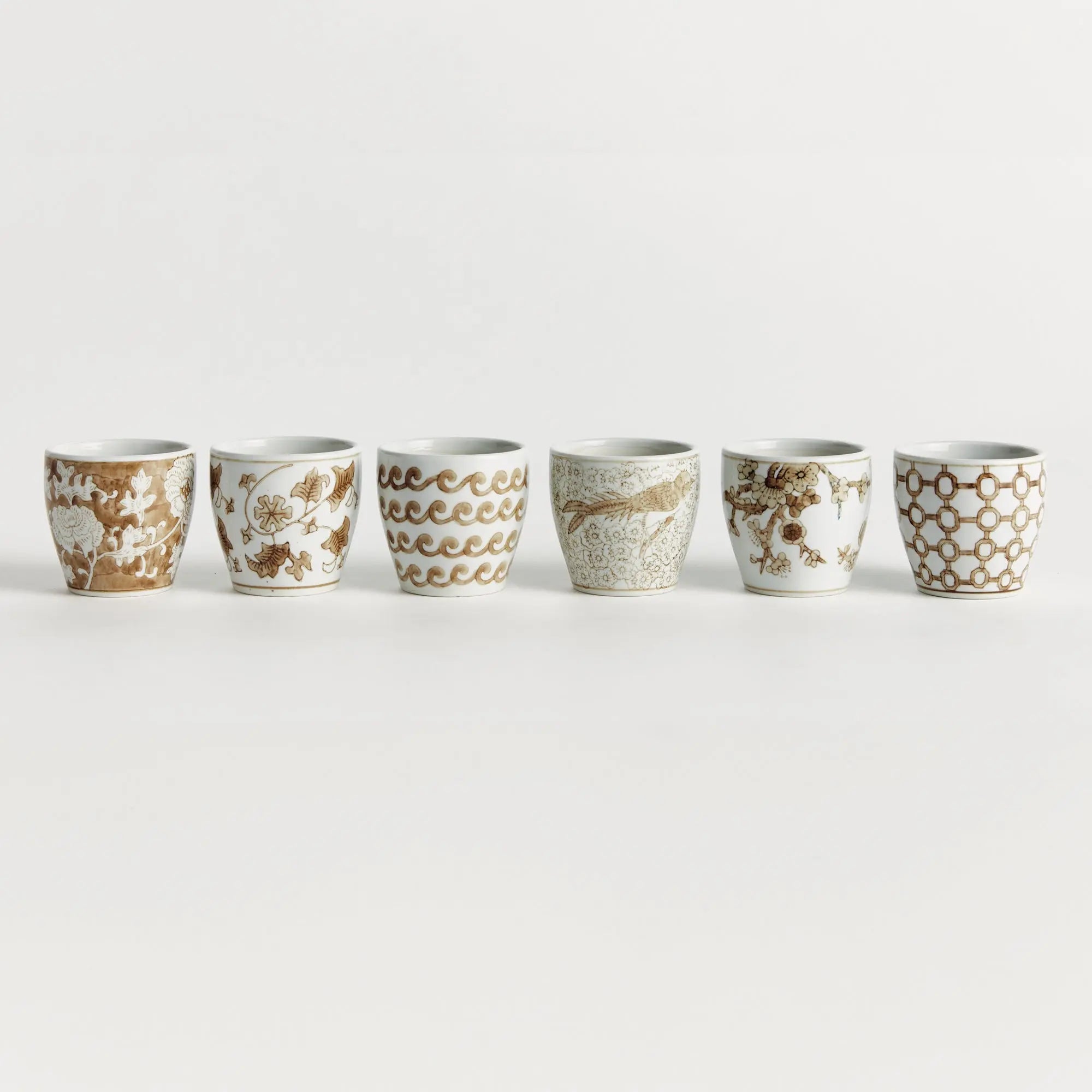 Province Mini Flower Pots – Set of 6 Taupe & White Chinoiserie Ceramic Pots - Villa Decor & Design