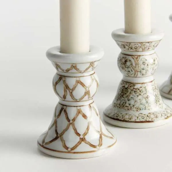 Province Mini Taper Holders - Set of 4 Taupe & White Ceramic Holders - Villa Decor & Design