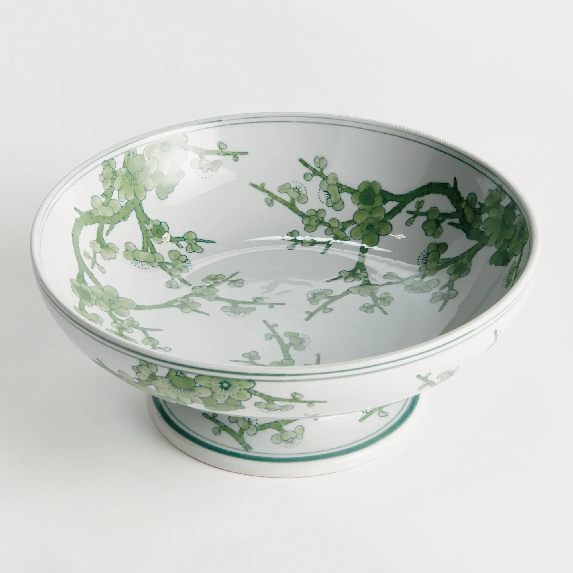 Imperial Empress Decorative Footed Bowl - handcrafted green and white chinoiserie ceramic bowl with elevated base for elegant home décor