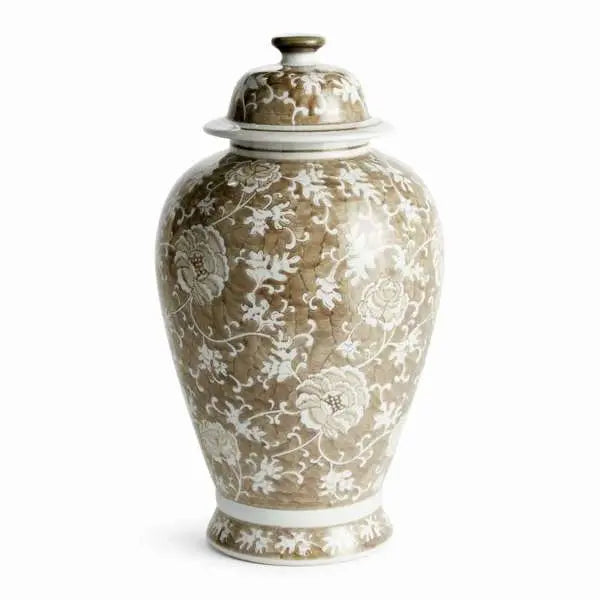 Grand Province Lotus Ginger Jar - Large 20" Taupe & White Ceramic - Villa Decor & Design