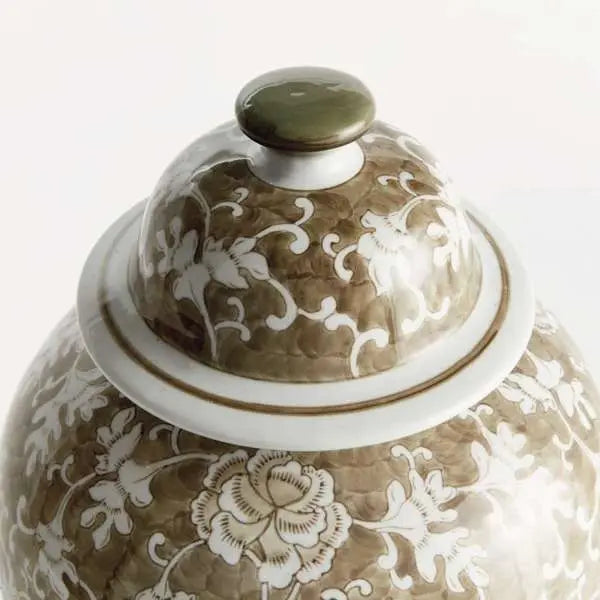 Grand Province Lotus Ginger Jar - Large 20" Taupe & White Ceramic - Villa Decor & Design