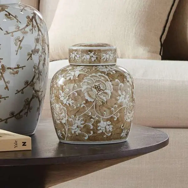 Province Lotus Lidded Jar - Taupe & White Ceramic Ginger Jar - Villa Decor & Design
