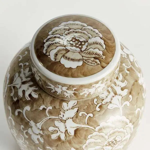 Province Lotus Lidded Jar - Taupe & White Ceramic Ginger Jar - Villa Decor & Design