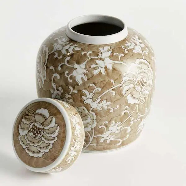 Province Lotus Lidded Jar - Taupe & White Ceramic Ginger Jar - Villa Decor & Design