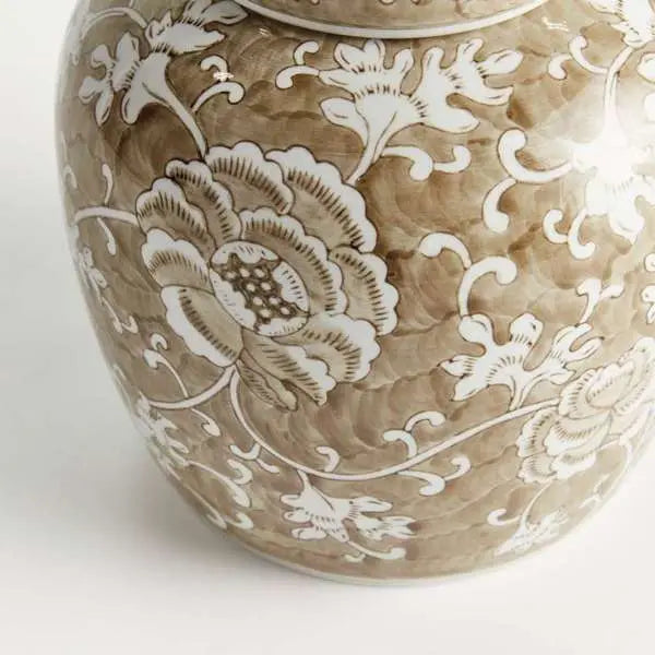 Province Lotus Lidded Jar - Taupe & White Ceramic Ginger Jar - Villa Decor & Design