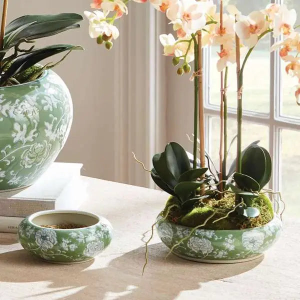 Imperial Lotus Low Pots - Set of 2 Green & White Chinoiserie Ceramic Planters - Villa Decor & Design