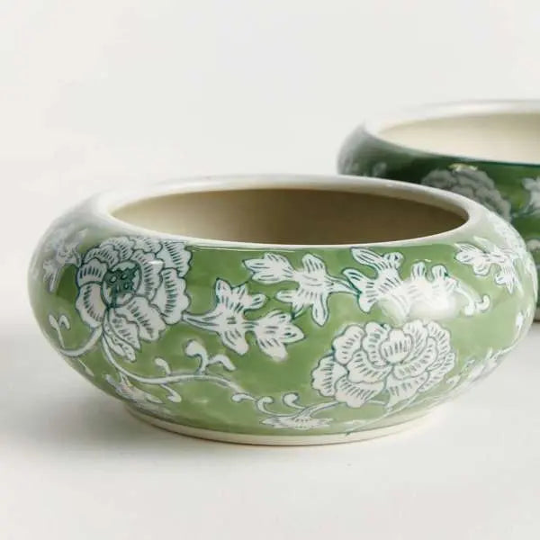 Imperial Lotus Low Pots - Set of 2 Green & White Chinoiserie Ceramic Planters - Villa Decor & Design