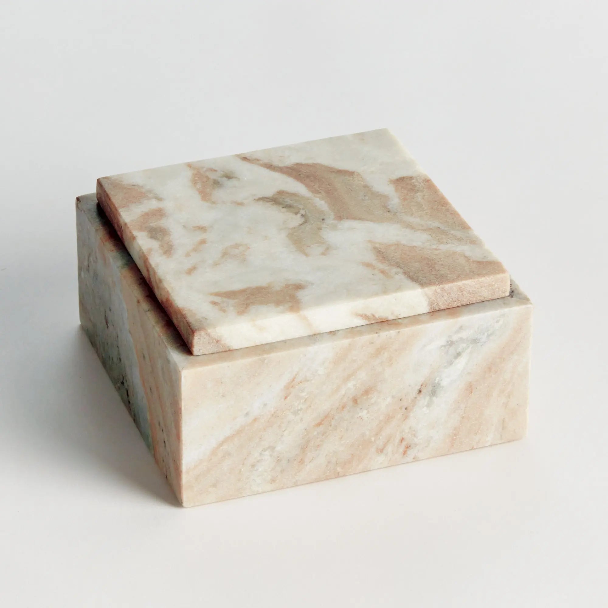 Jaqueline square marble lidded box with natural brown veining - Wide