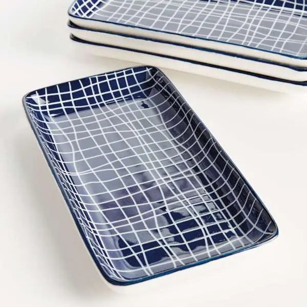 Stria 7" Rectangular Trays Set of 4 - dark blue and white porcelain serving trays with modern striated pattern for appetizers and entertaining