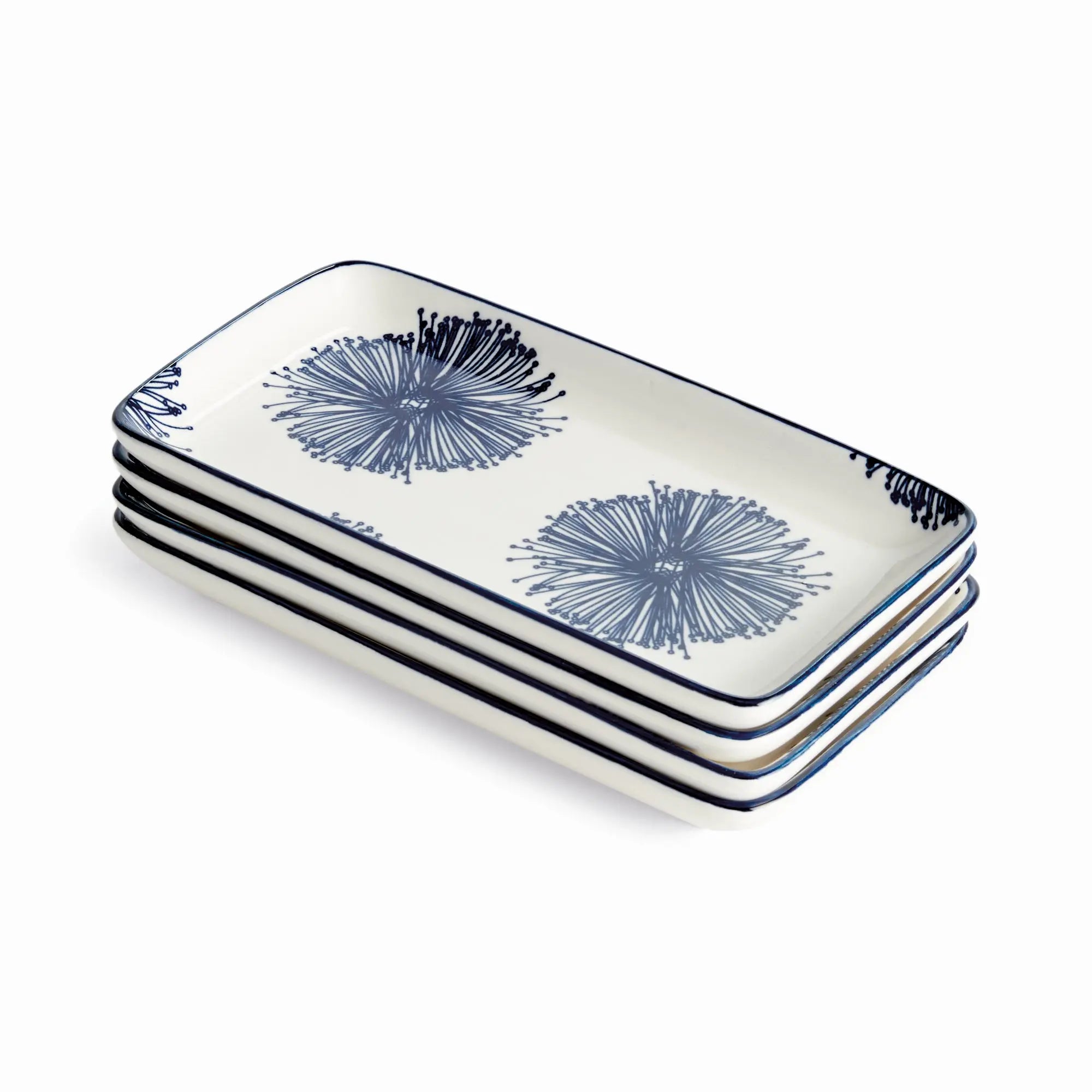 Stria Starburst 8" Trays Set of 4 - dark blue and white ceramic serving trays with starburst radiating pattern for appetizers and entertaining