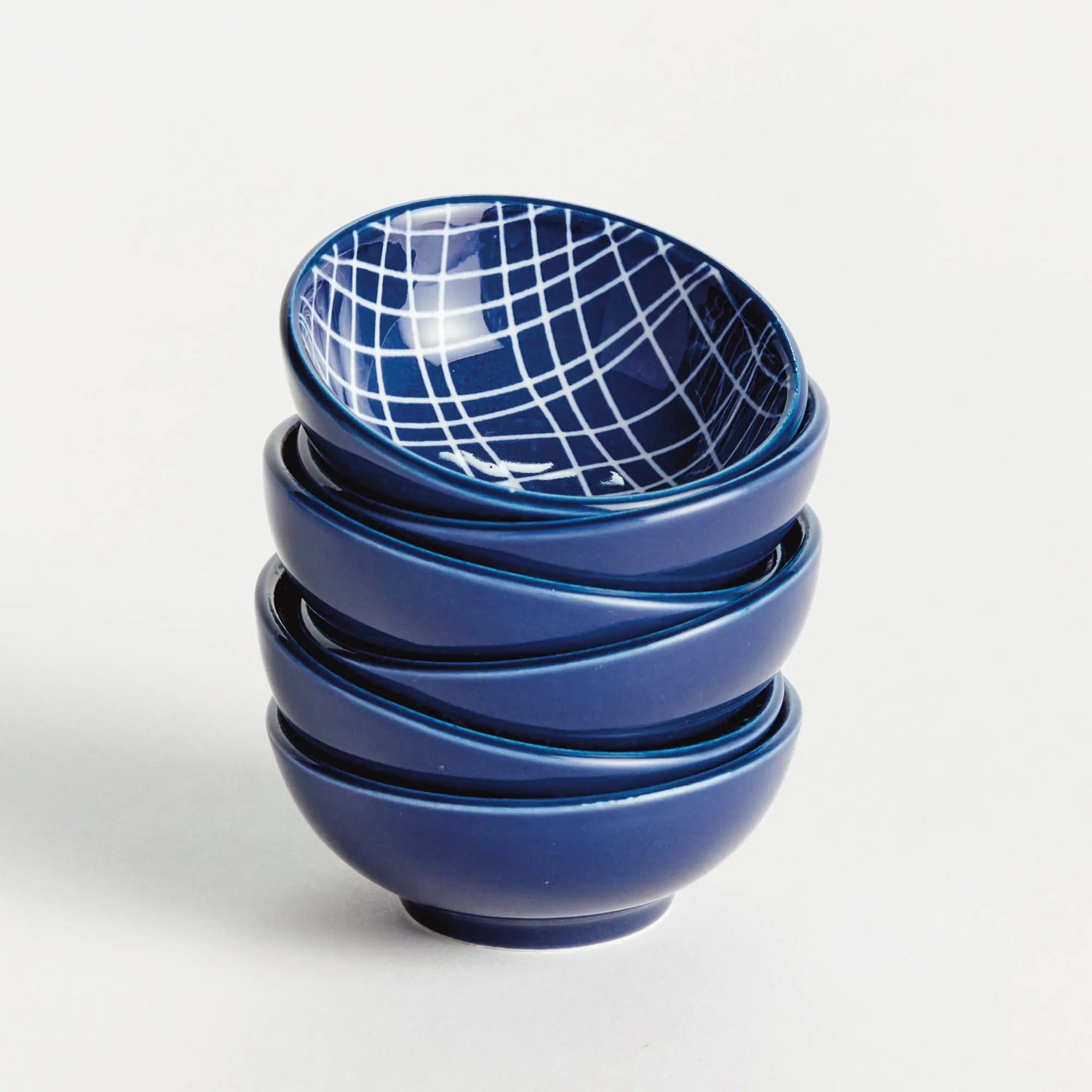 Stria Weaves Dip Bowls Set of 6 - dark blue and white ceramic bowls with modern woven striated pattern for serving dips, sauces and appetizers