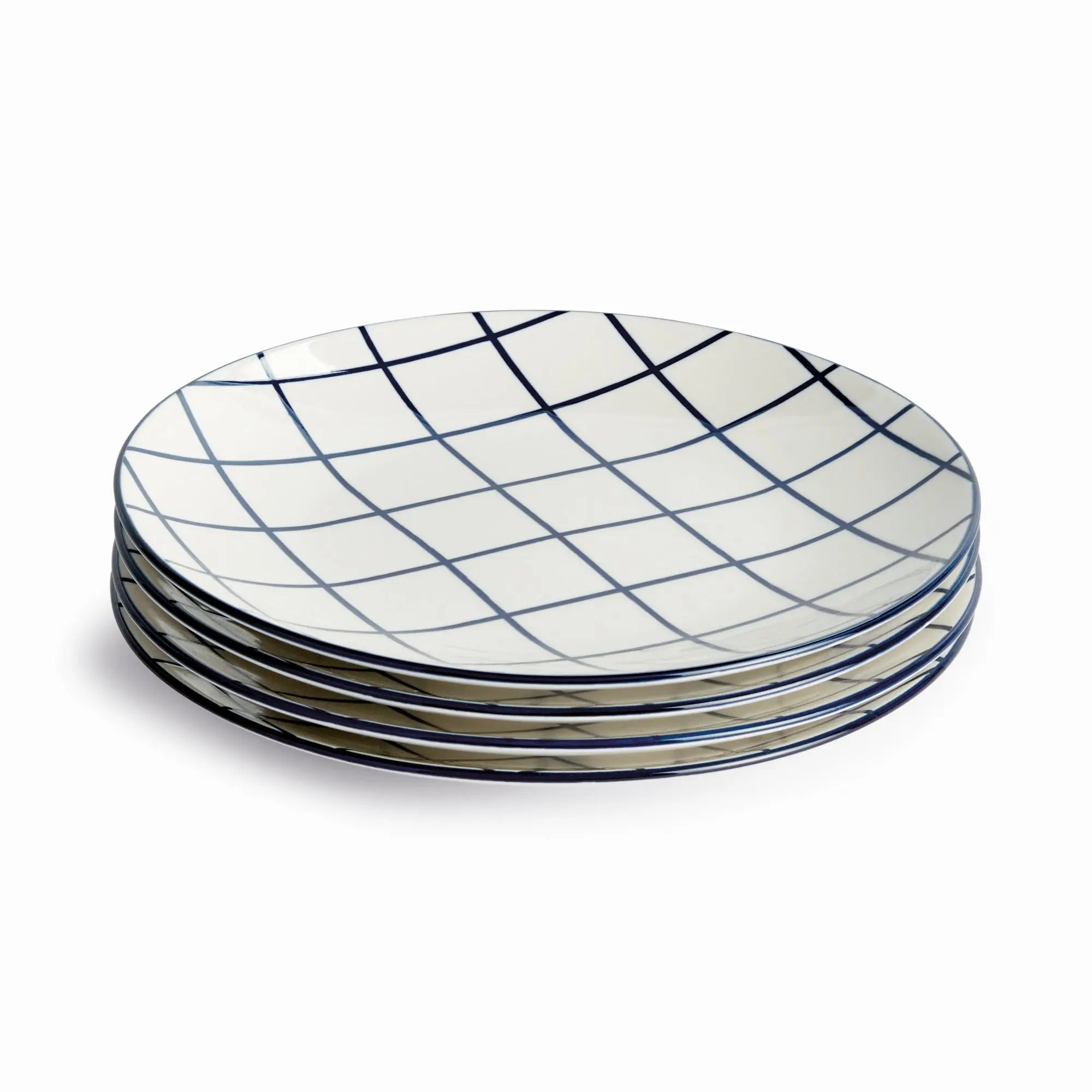Stria 8.5" Plates Set of 4 - dark blue and white ceramic salad plates with modern grid pattern for dining and entertaining