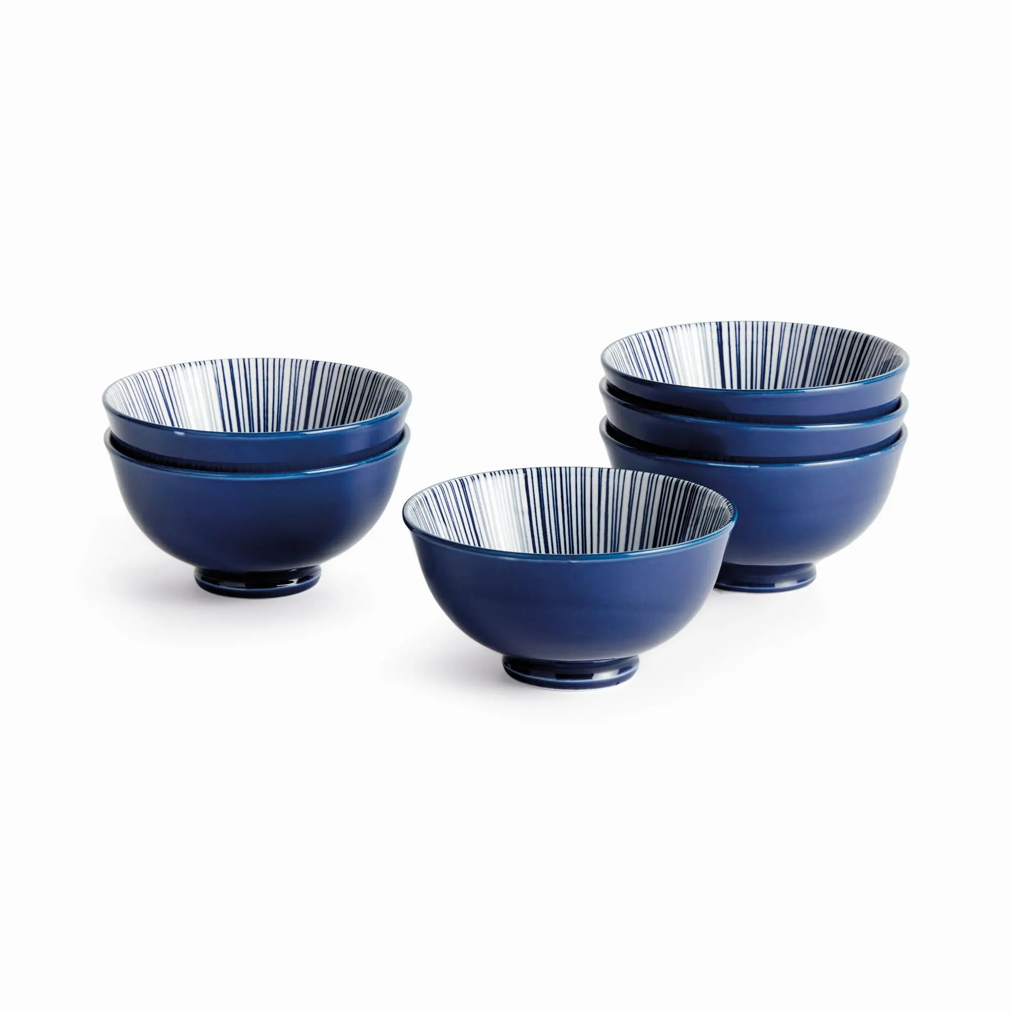 Stria 4.75" Bowls Set of 6 - dark blue and white striped ceramic dip bowls with modern striated pattern for serving and entertaining