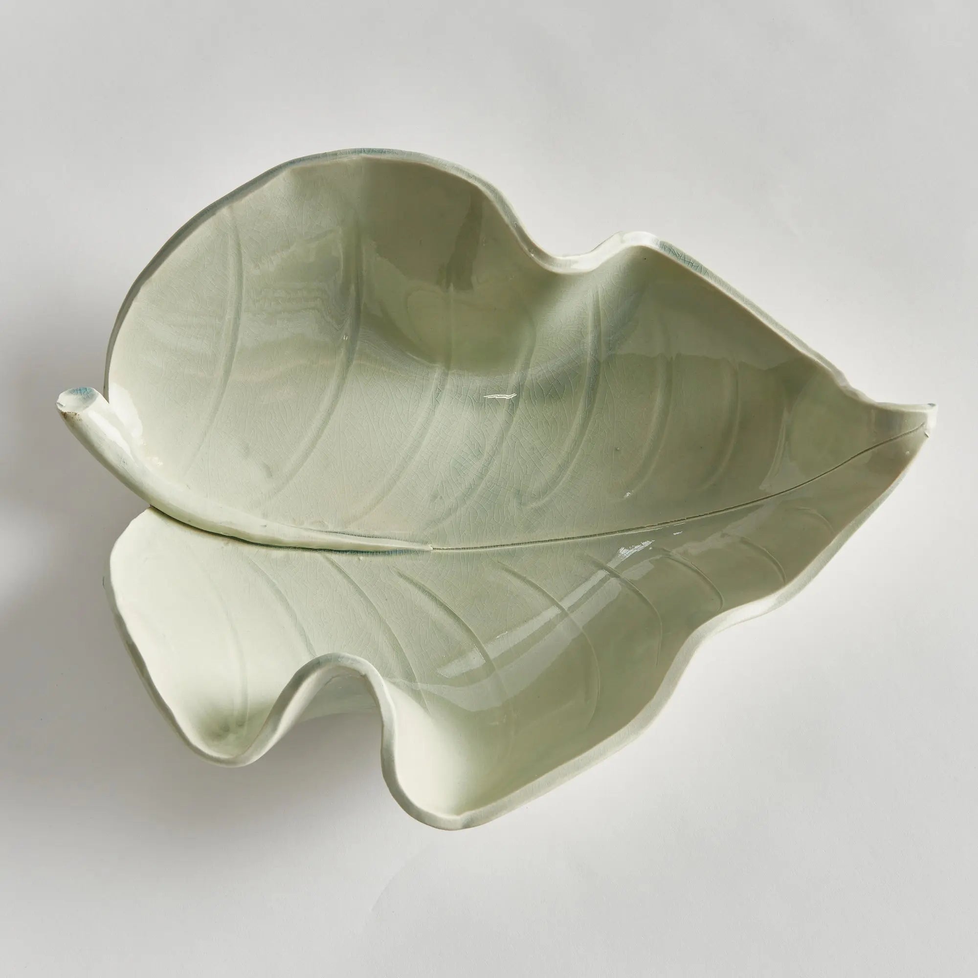 Handcrafted ceramic leaf sculpture in celadon glaze – small size