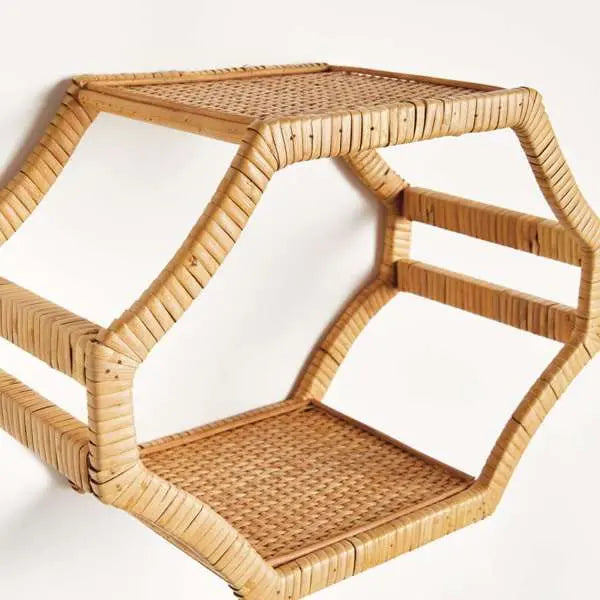 Set of 3 rattan woven wall shelves in natural finish for coastal home décor