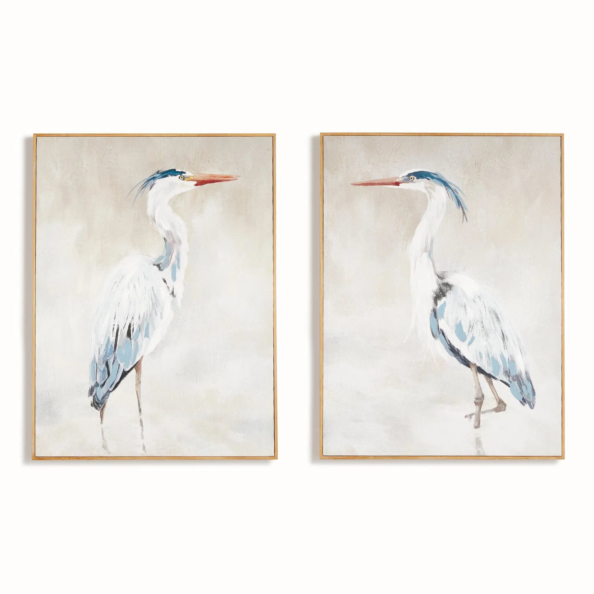 Set of two heron giclée prints on canvas with walnut wood frames