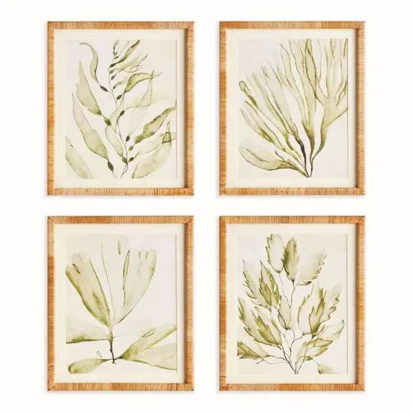 Coastal Greenery Prints - Set of 4 Rattan-Wrapped Botanical Art - Villa Decor & Design