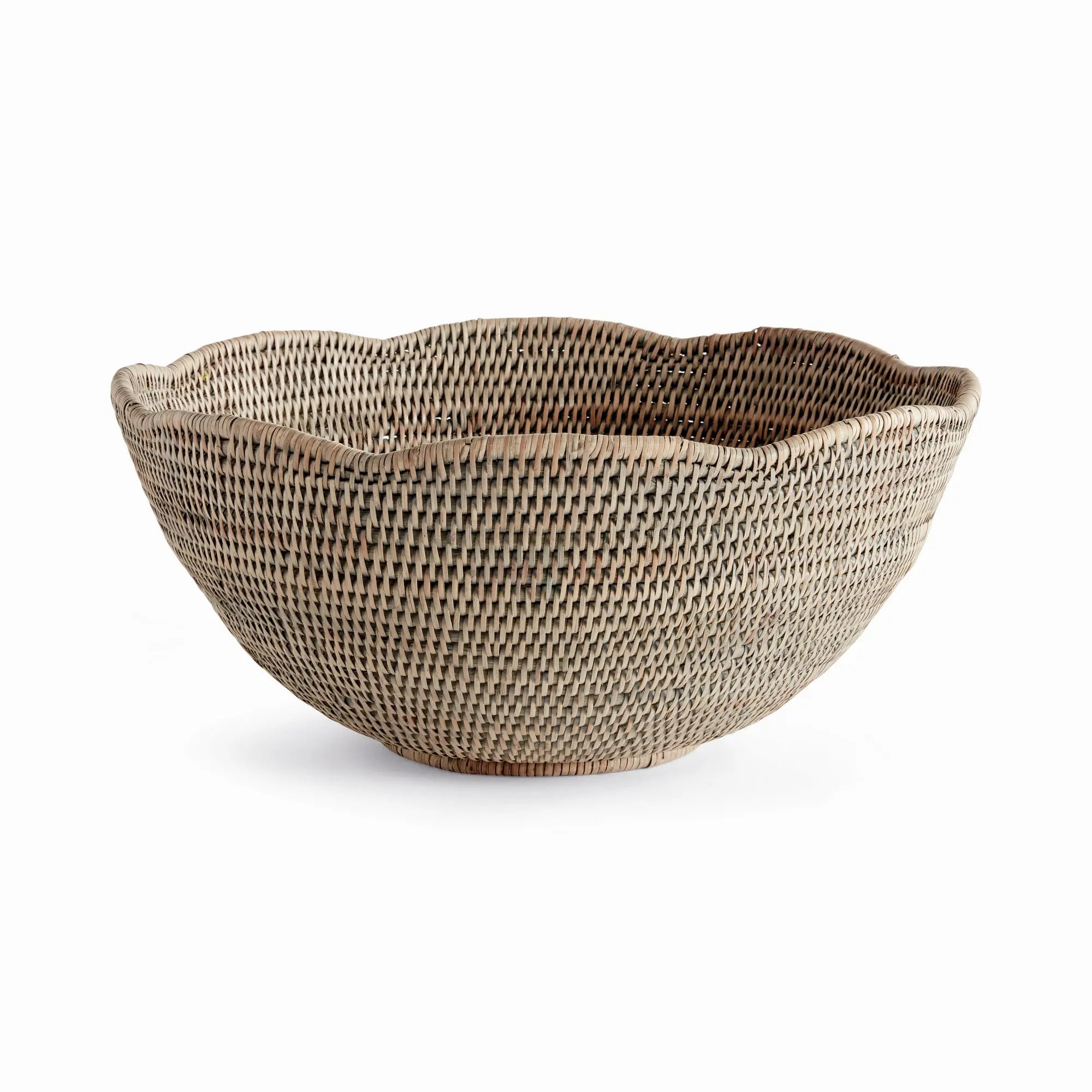 Burma Rattan Scalloped Edge Bowl - LARGE, Graywash