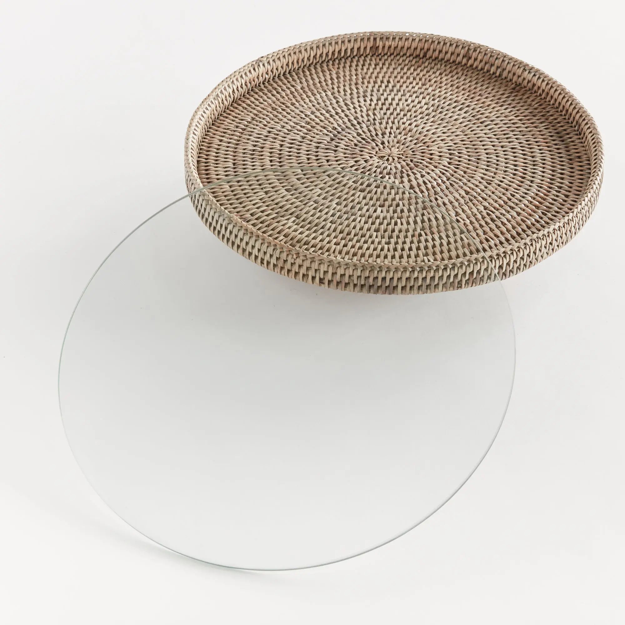 Graywash Rattan Serving Stand with Glass Insert