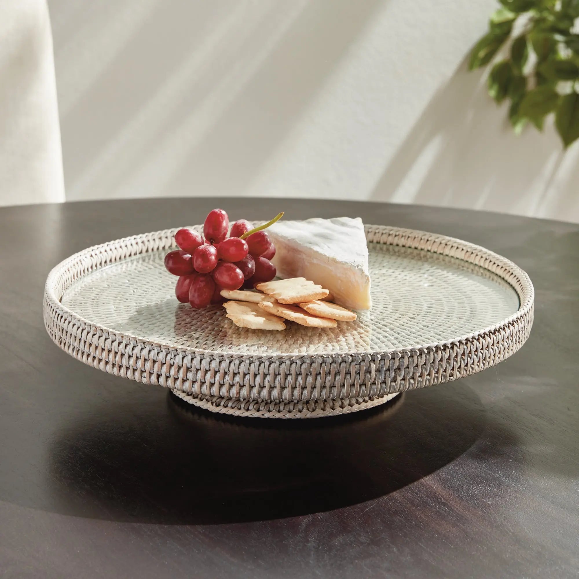 Whitewash Rattan Serving Stand with Glass Insert