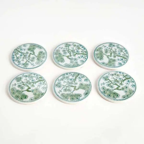 Imperial Coasters - Set of 6 Green & White Chinoiserie Ceramic Coasters - Villa Decor & Design