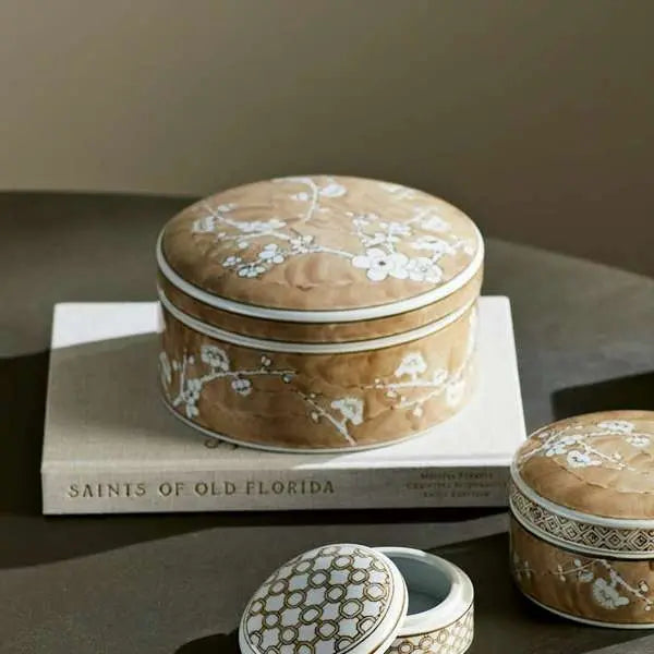 Province Empress Round Lidded Catchall Box (Small or Large) | Taupe Chinoiserie Porcelain Catchall Box Napa Home & Garden