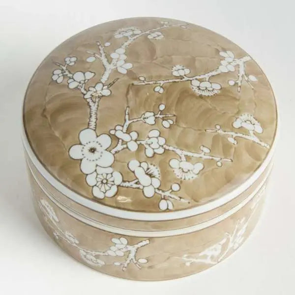 Province Empress Round Lidded Catchall Box (Small or Large) | Taupe Chinoiserie Porcelain Catchall Box Napa Home & Garden
